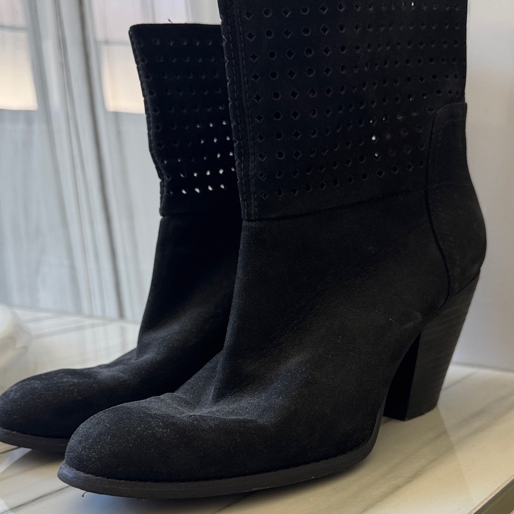 Nine West Black Suede Perforated Mid-Calf Block Heel Boots